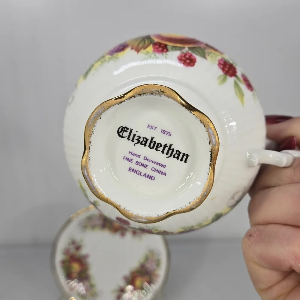 Vintage Elizabethan Teacup‎ & Saucer Tea Set Fruit Peach Berries Floral England